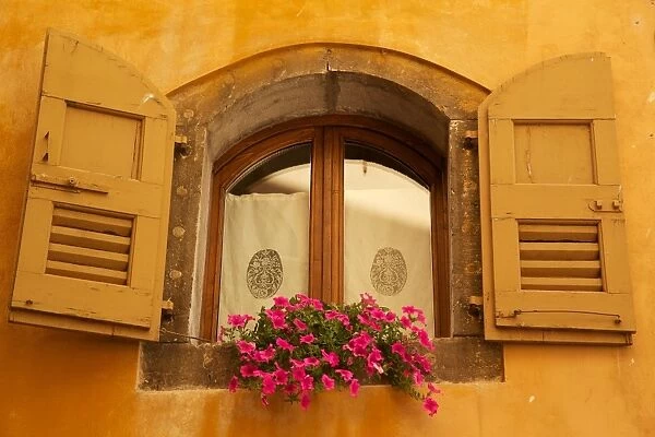 Shuttered window and flowers, Piazza Mercato, Belluno, Province of Belluno, Veneto, Italy, Europe