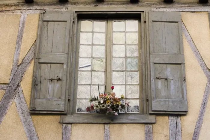 Framed Print : Shuttered window, half-timbered building, Place de la Couverts, Mirepoix Framed Print : Shuttered window, half-timbered building, Place de la Couverts, Mirepoix