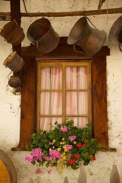 Shuttered windows and flowers, Corvara, Badia Valley, Bolzano Province, Trentino-Alto Adige  /  South Tyrol, Italian Dolomites, Italy, Europe