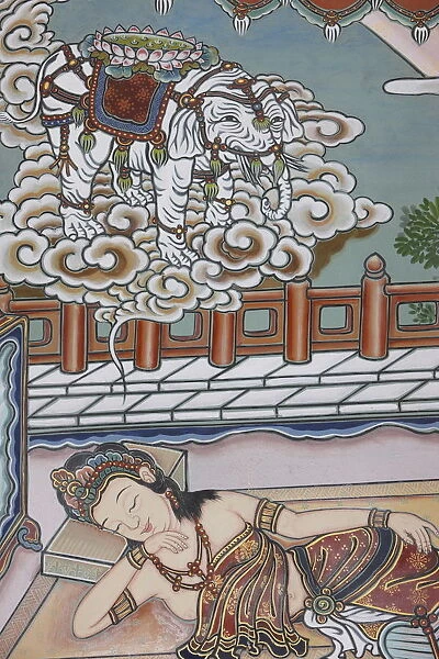 Siddartha Gautamas mother dreaming of a white elephant presenting her with a lotus