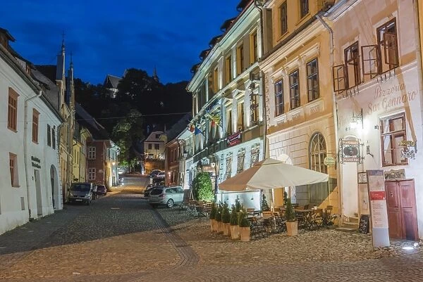 Sighisoara at night in the historic centre of the 12th century Saxon town, Sighisoara