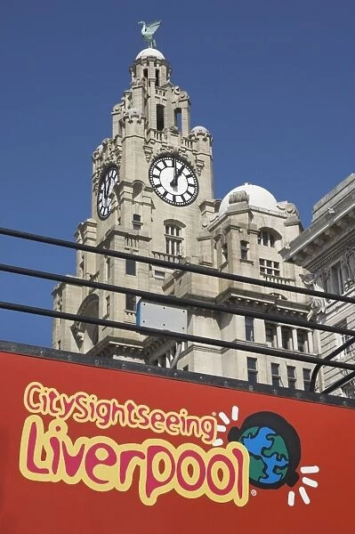 Sightseeing bus and Liver Building, Albert Dock, Liverpool, Merseyside