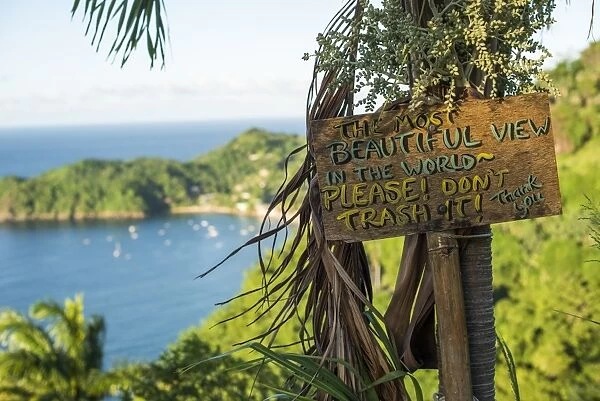 A sign asking readers not to trash the most beautiful view in the world at Castara Bay in Tobago
