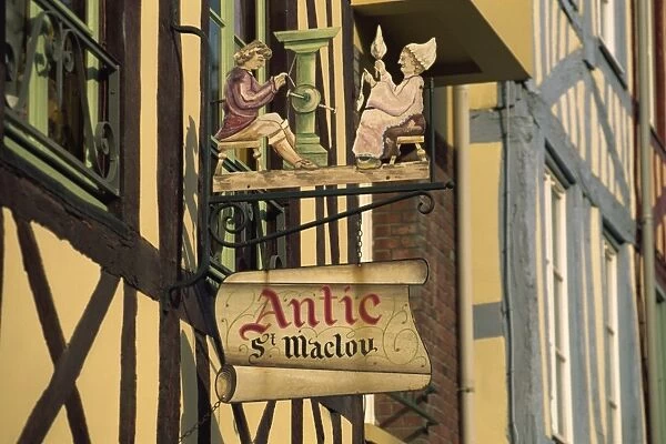 Sign outside antique shop in Rue Martainville, Rouen, Seine-Maritime, Haute Normandie