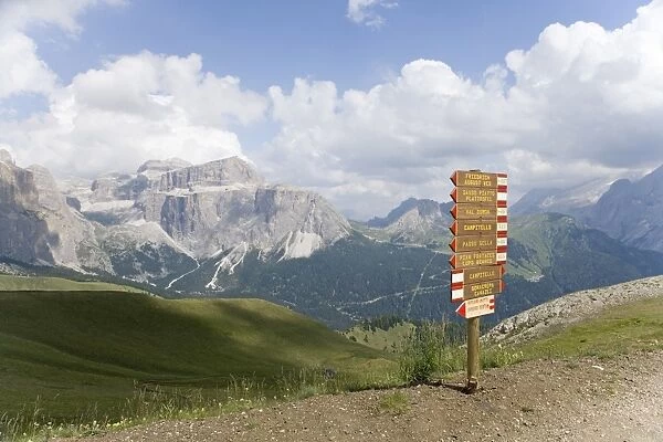 Signpost on a footpath in the Dolomites, Italy