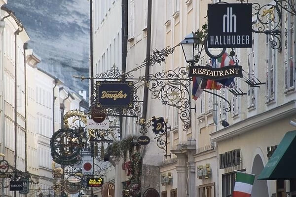 Signs in Getreidegasse the main shopping streeet, Salzburg, Austria, Europe
