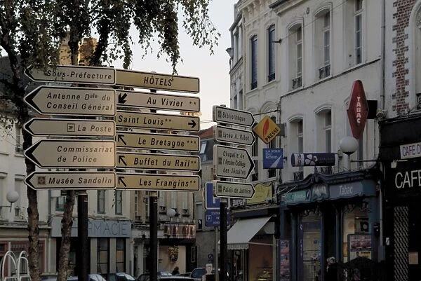 Signs in town centre, St. Omer, Pas de Calais, France, Europe