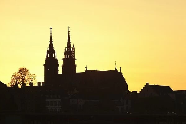 Silhouette of the Cathedral at sunset, Grossbasel, Basel, Canton Basel Stadt, Switzerland, Europe