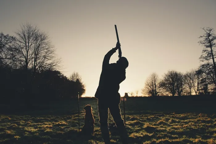 Framed Print : A silhouette of a gun shooting with a gun dog Framed Print : A silhouette of a gun shooting with a gun dog