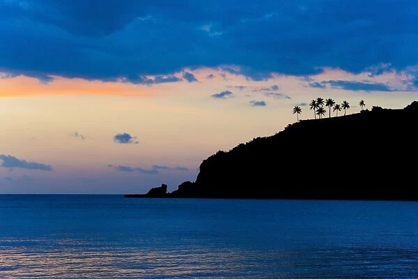 Silhouette of palm trees on a cliff at sunset, Nippah Beach, Lombok, Indonesia, Southeast Asia, Asia