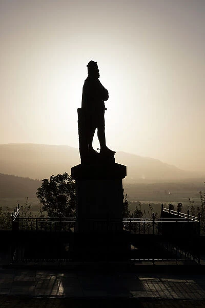 Silhouette of statue of Robert the Bruce at sunrise, Stirling Castle, Scotland, United Kingdom