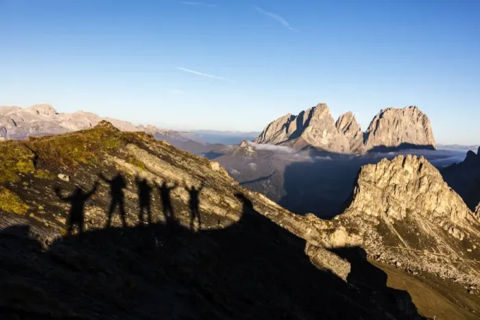 Framed Print : Silhouettes of hikers frame Sass Beca and Sassolungo from Cima Belvedere, Canazei Framed Print : Silhouettes of hikers frame Sass Beca and Sassolungo from Cima Belvedere, Canazei