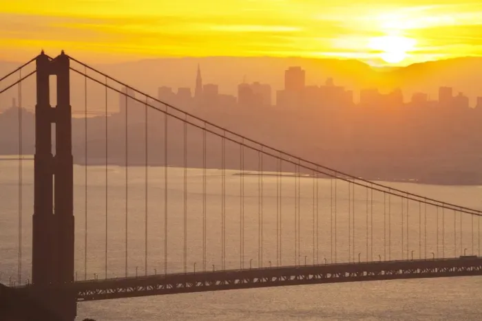Framed Print : Sillouette of the Golden Gate Bridge and San Francisco skyline at sunrise, San Francisco, California, United States of America, North America Framed Print : Sillouette of the Golden Gate Bridge and San Francisco skyline at sunrise, San Francisco, California, United States of America, North America