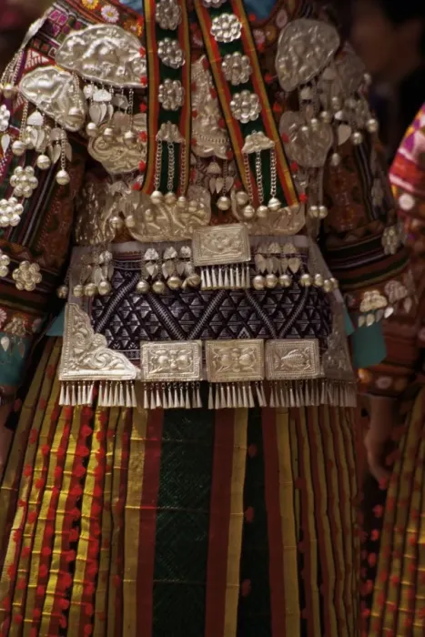 Framed Print : Detail of silver ornaments on festival dress of a Miao woman, Langde, Guizhou province Framed Print : Detail of silver ornaments on festival dress of a Miao woman, Langde, Guizhou province