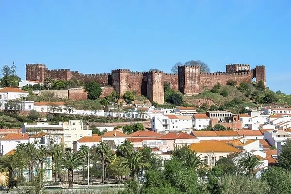 Silves skyline with the Moorish castle and the Cathedral, Silves, Algarve, Portugal, Europe