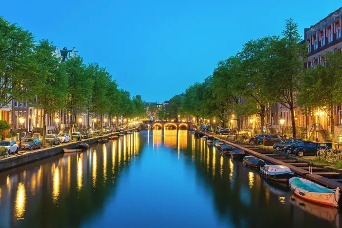 Framed Print : Singel canal at twilight, Amsterdam, The Netherlands, Europe Framed Print : Singel canal at twilight, Amsterdam, The Netherlands, Europe
