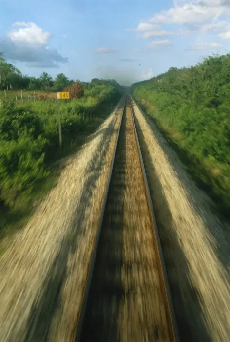 Framed Print : Single railway line seen from the train at speed Framed Print : Single railway line seen from the train at speed