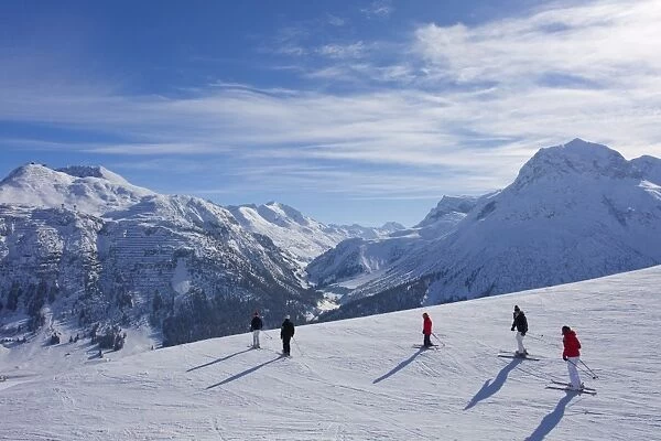 Ski slopes above Lech near St. Anton am Arlberg in winter snow, Austrian Alps