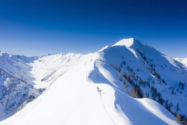 Skiers climb Pizzo Meriggio with skis in winter, Valtellina, Lombardy, Italy, Europe
