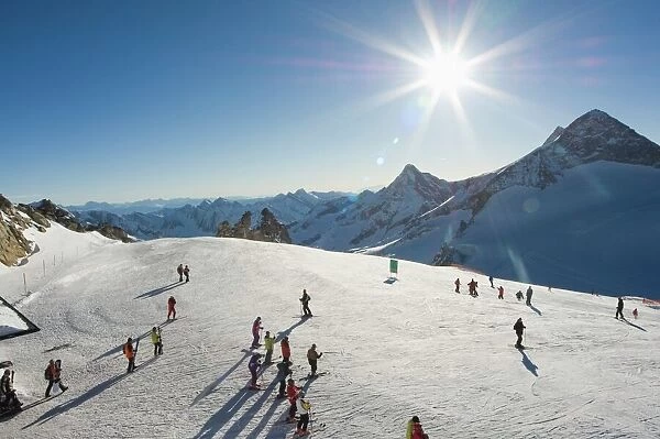 Skiers on Hintertux glacier, Mayrhofen ski resort, Zillertal Valley, Austrian Tyrol