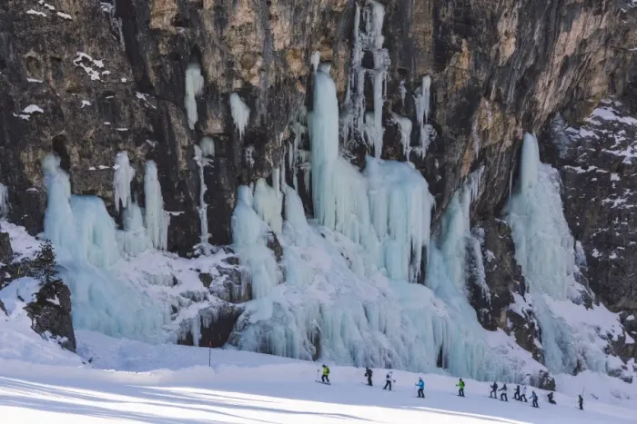 Framed Print : Skiers underneath the frozen waterfall, Hidden Valley ski area, Lagazuoi, Armentarola 101 Framed Print : Skiers underneath the frozen waterfall, Hidden Valley ski area, Lagazuoi, Armentarola 101