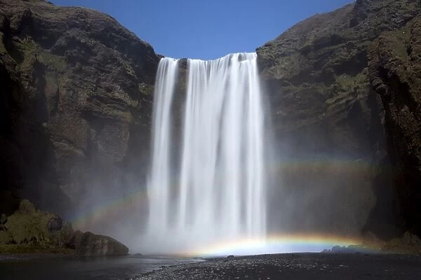 Skogafoss waterfall with double rainbow, South Iceland, Iceland, Polar Regions