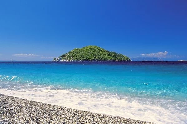 Skopelos island, view from Milia Beach to an island, Sporades, Greek Islands