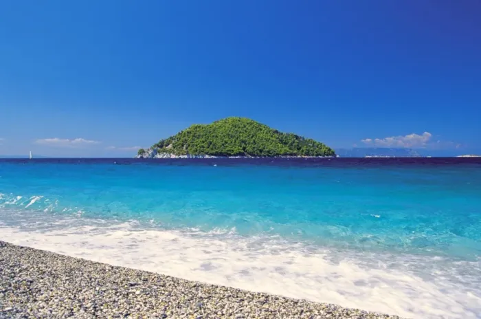 Framed Print : Skopelos island, view from Milia Beach to an island, Sporades, Greek Islands Framed Print : Skopelos island, view from Milia Beach to an island, Sporades, Greek Islands