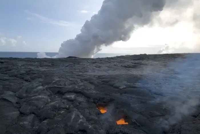 Framed Print : Skylight, view through cooled lava to molten lava below Framed Print : Skylight, view through cooled lava to molten lava below