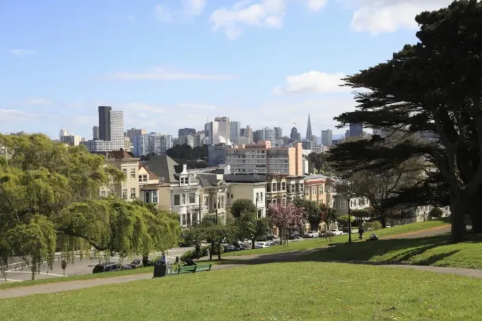 Framed Print : Skyline, Alamo Square, San Francisco, California, United States of America, North America Framed Print : Skyline, Alamo Square, San Francisco, California, United States of America, North America