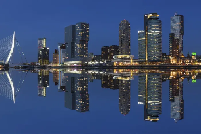 Framed Print : Skyline with Erasmus Bridge, World Port Center, Hotel New York and Montevideo Building Framed Print : Skyline with Erasmus Bridge, World Port Center, Hotel New York and Montevideo Building