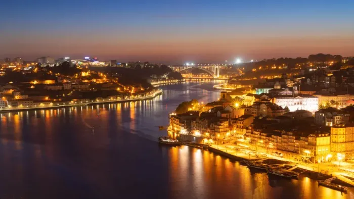 Framed Print : Skyline of the historic city of Porto at night with the bridge Ponte de Arrabida in the background, Oporto, Portugal, Europe Framed Print : Skyline of the historic city of Porto at night with the bridge Ponte de Arrabida in the background, Oporto, Portugal, Europe