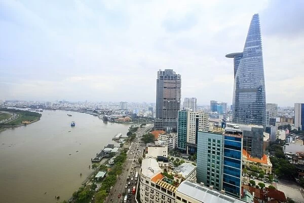 The skyline of Ho Chi Minh City (Saigon) showing the Bitexco tower and the Saigon River