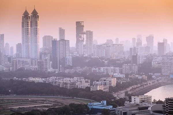 Skyline with Imperial twin-tower residential skyscrapers, Ambhani building and Haji Ali Bay, Mumbai, Maharashtra, India, Asia