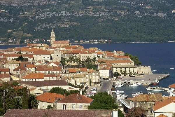 Skyline including harbour and coastline at the town of Korcula on Korcula Island