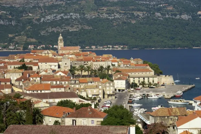 Framed Print : Skyline including harbour and coastline at the town of Korcula on Korcula Island Framed Print : Skyline including harbour and coastline at the town of Korcula on Korcula Island