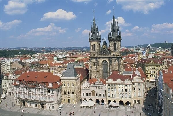 Skyline including the Tyn Church on the Old Town Square in the city of Prague