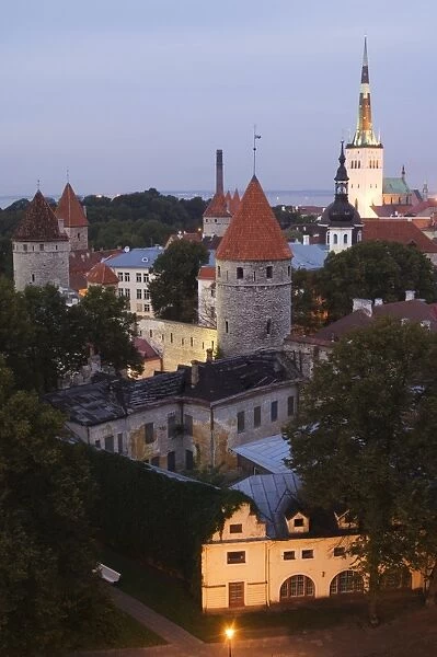 Skyline of Old Town including city wall towers and St. Olav church, UNESCO World Heritage Site