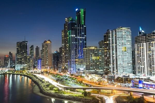 The skyline of Panama City at night, Panama City, Panama, Central America
