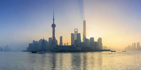 Skyline of Pudong at sunrise, Shanghai, China, Asia