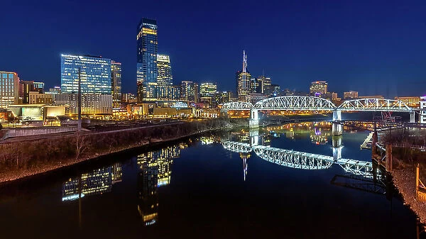 Skyline reflection at night, Cumberland River, Nashville, Tennessee, United States of America, North America