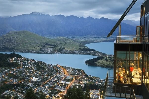 Skyline Restaurant with Lake Wakatipu and the Remarkables at dusk, Queenstown, Otago, South Island, New Zealand, Pacific