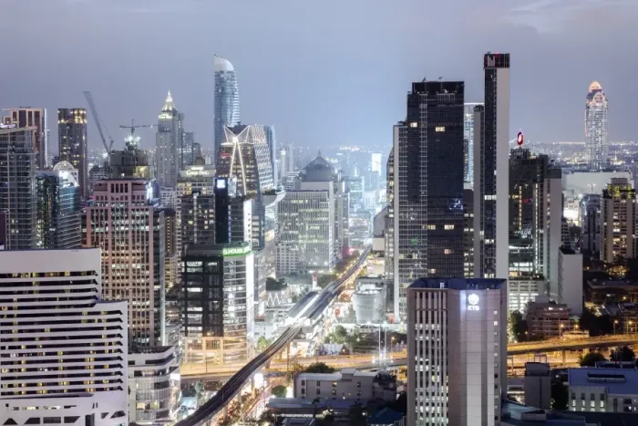 Framed Print : Skyline showing the Skytrain and city centre around Sukhumvit Road and Chit Lom, Bangkok Framed Print : Skyline showing the Skytrain and city centre around Sukhumvit Road and Chit Lom, Bangkok