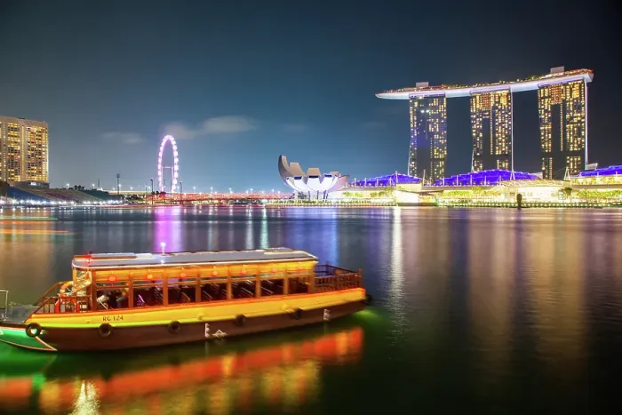 Framed Print : Skyline of Singapore Marina Bay at night with Marina Bay Sands, Art Science museum and tourist boats, Singapore Framed Print : Skyline of Singapore Marina Bay at night with Marina Bay Sands, Art Science museum and tourist boats, Singapore