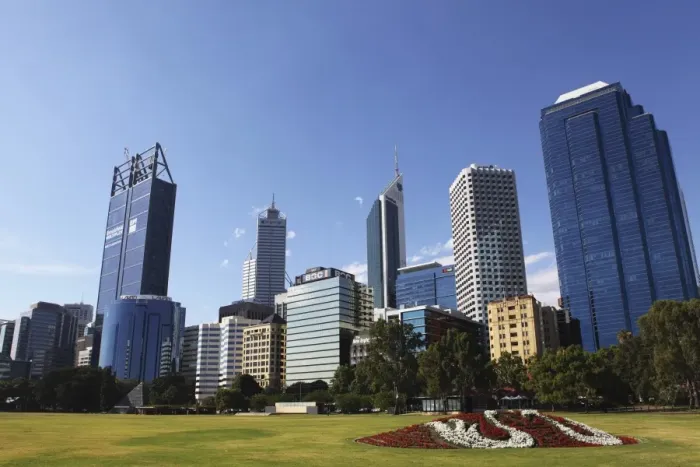Framed Print : Skyscrapers of the Central Business District (Central Business District) tower over the Esplanade at Perth, Western Australia, Australia, Pacific Framed Print : Skyscrapers of the Central Business District (Central Business District) tower over the Esplanade at Perth, Western Australia, Australia, Pacific