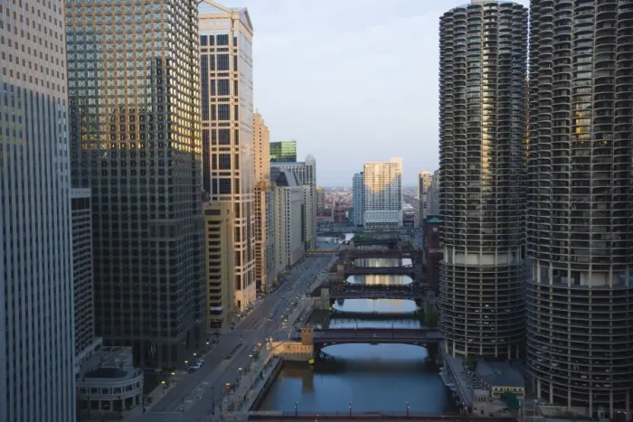 Framed Print : Skyscrapers along the Chicago River and West Wacker Drive at dawn, Marina City on the right