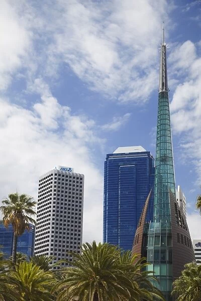 Skyscrapers of city skyline and Swan Bell Tower, Perth, Western Australia