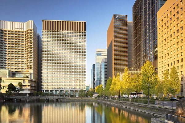 Skyscrapers of Marunouchi and Imperial Palace moat, Tokyo, Honshu, Japan, Asia