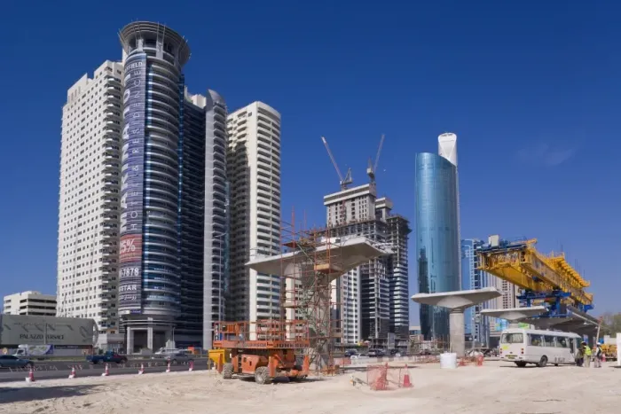Framed Print : Skyscrapers and new constuction of the Dubai monorail line along Sheikh Zayed Road