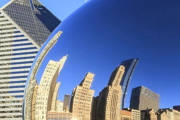 Skyscrapers reflecting in the Cloud Gate sculpture, Millennium Park, Chicago, Illinois, United States of America, North America